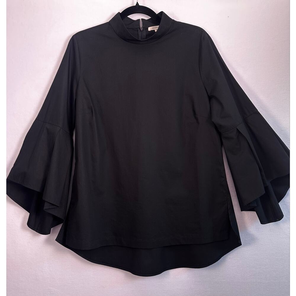 NWT Pleione Black Mock Neck Bell Sleeve Blouse Tiered Sleeve Top Size Medium - Picture 2 of 10